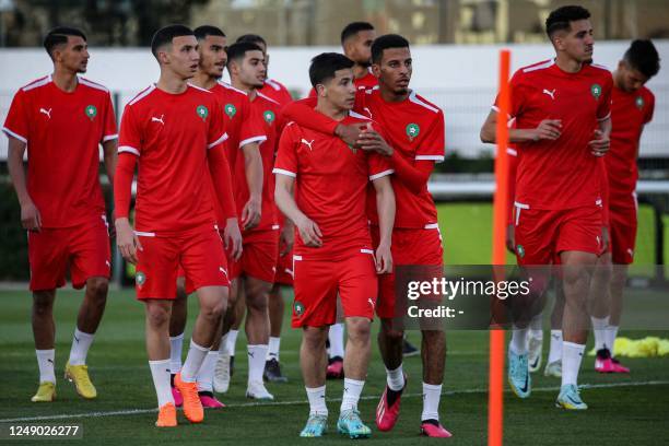 Players of the Moroccan national football team attend a training session in Sale on March 21, 2023 ahead of their friendly match against Brazil.