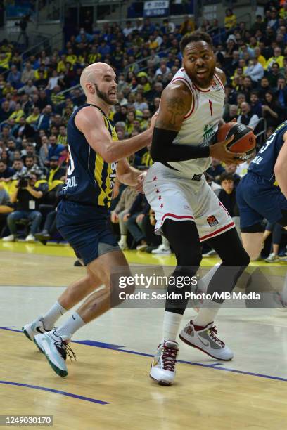 Nick Calathes of Fenerbahce Beko Istanbul and Deshaun Thomas of EA7 Emporio Armani Milan in action during the 2022-23 Turkish Airlines EuroLeague...