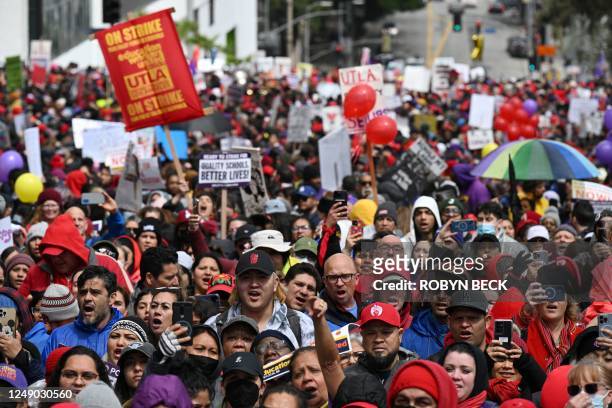 Los Angeles public school support staff, teachers, and supporters rally outside of the school district headquarters on the first day of a three day...