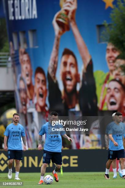 Lionel Messi of Argentina in action during a training session at Julio H. Grondona Training Camp on March 21, 2023 in Ezeiza, Argentina.