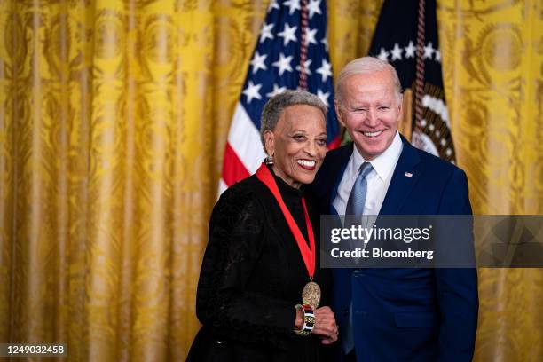 Anthropologist Johnnetta Betsch Cole receives the National Humanities Medal from US President Joe Biden during a ceremony in the East Room of the...