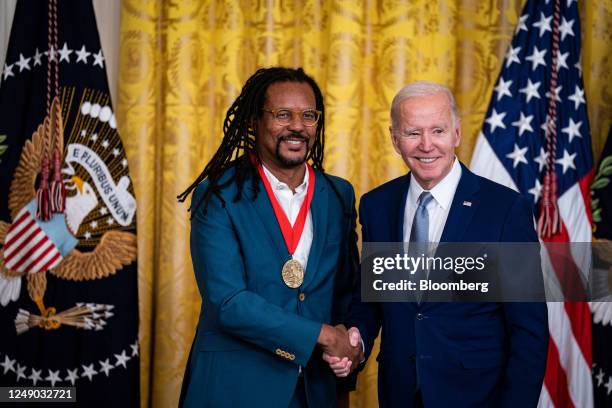Author Colson Whitehead receives the National Humanities Medal from US President Joe Biden during a ceremony in the East Room of the White House in...