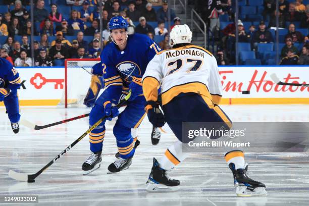 Tage Thompson of the Buffalo Sabres skates with the puck against Ryan McDonagh of the Nashville Predators during an NHL game on March 21, 2023 at...