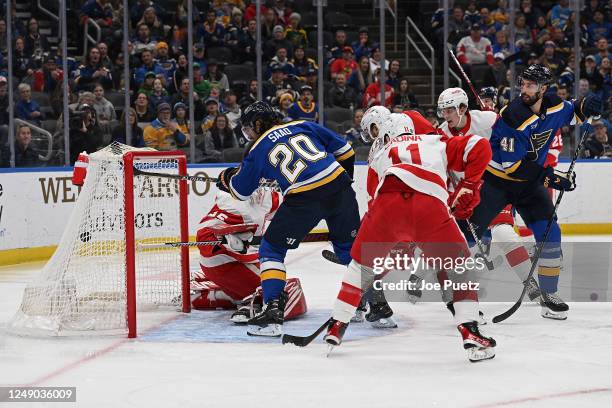 Robert Bortuzzo of the St. Louis Blues scores a goal past the Detroit Red Wings at the Enterprise Center on March 21, 2023 in St. Louis, Missouri.