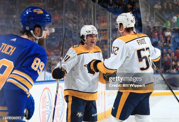 Luke Evangelista of the Nashville Predators celebrates his first of two second period goals against the Buffalo Sabres during an NHL game on March...