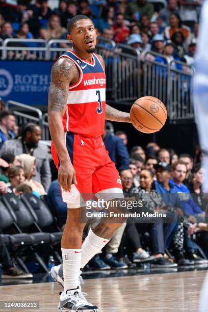 Bradley Beal of the Washington Wizards goes to the basket during the game on March 21, 2023 at Amway Center in Orlando, Florida. NOTE TO USER: User...