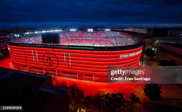 General view outside the empty stadium during the Liga match between Sevilla FC and Real Betis at Ramon Sanchez Pizjuan on June 11, 2020 in Seville,...