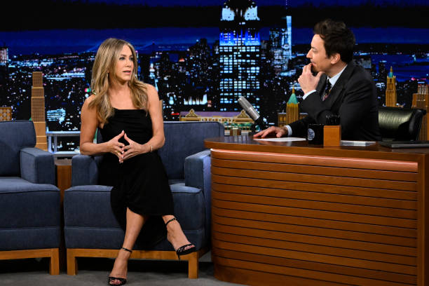 Episode 1819 -- Pictured: Actress Jennifer Aniston during an interview with host Jimmy Fallon on Tuesday, March 21, 2023 --