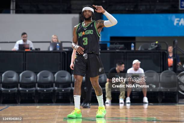 Zavier Simpson of the Lakeland Magic looks on against the Long Island Nets during the first half on March 21, 2023 at the RP Funding Center in...