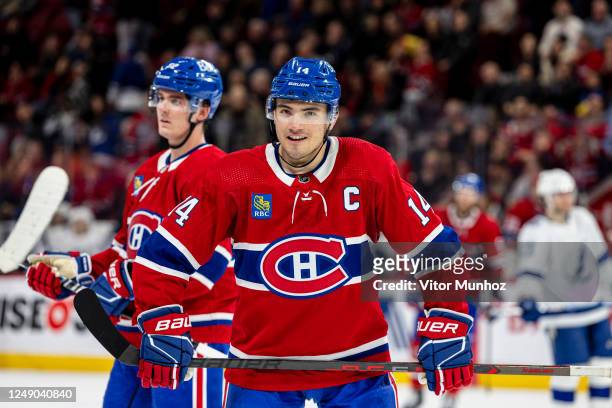 Nick Suzuki of the Montreal Canadiens looks on during the second period of the NHL regular season game between the Montreal Canadiens and the Tampa...