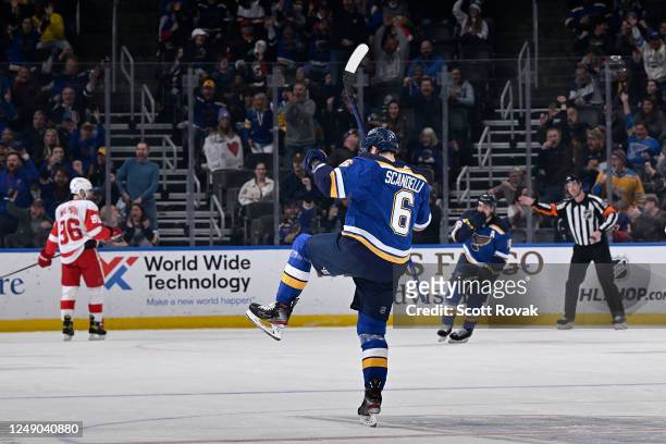 Marco Scandella of the St. Louis Blues celebrates his goal against the Detroit Red Wings at the Enterprise Center on March 21, 2023 in St. Louis,...