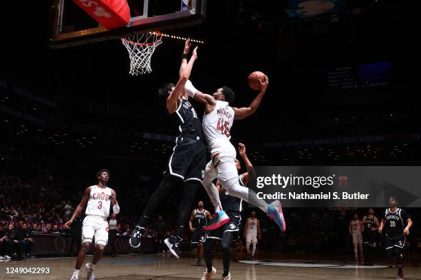 Donovan Mitchell of the Cleveland Cavaliers drives to the basket during the game against the Brooklyn Nets on March 21, 2023 at Barclays Center in...