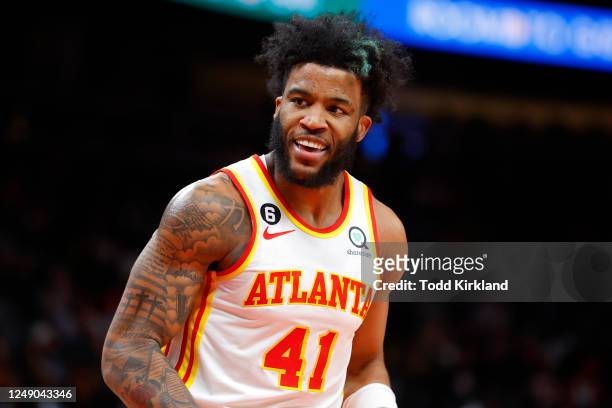 Saddiq Bey of the Atlanta Hawks reacts during the second half against the Detroit Pistons at State Farm Arena on March 21, 2023 in Atlanta, Georgia....