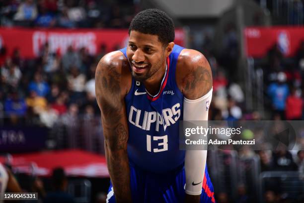 Paul George of the LA Clippers smiles during the game against the Oklahoma City Thunder on March 21, 2023 at Crypto.Com Arena in Los Angeles,...