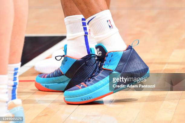 The sneakers worn by Russell Westbrook of the LA Clippers during the game against the Oklahoma City Thunder on March 21, 2023 at Crypto.Com Arena in...