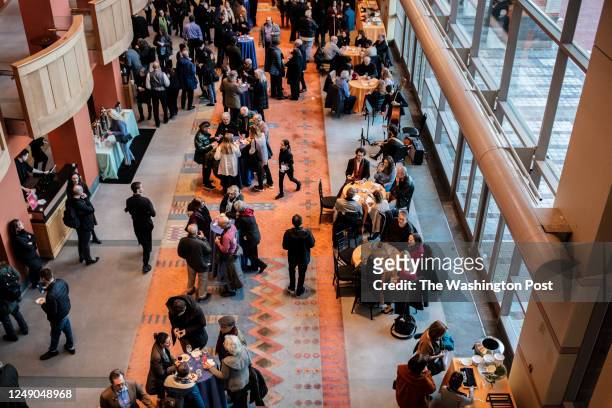 Guests at a reception before a theatrical adaptation of Sabbath's Theater at a 90th birthday celebration for Philip Roth at NJPAC in Newark, N.J., on...