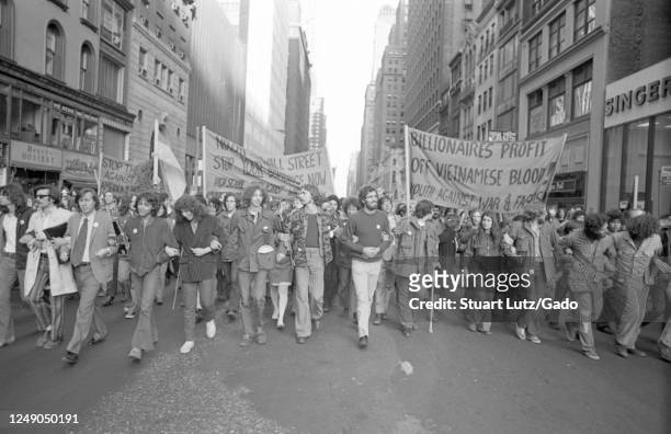 Protesters march arm in arm during a Vietnam War protest in Manhattan, New York City, New York, May 10, 1972.