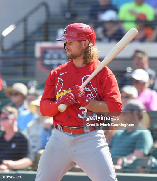 Brendan Donovan of the St. Louis Cardinals looks on while waiting on-deck to bat during the Spring Training game against the Detroit Tigers at Publix...