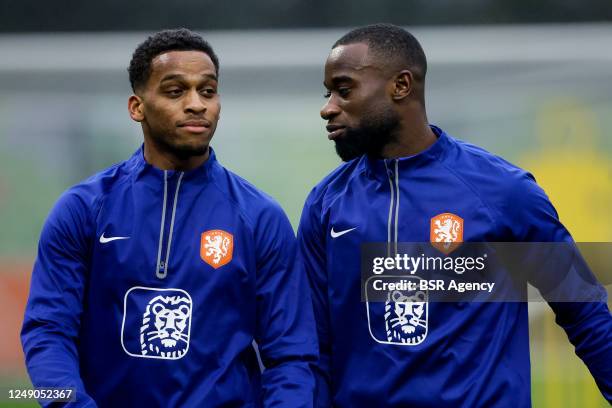 Jurrien Timber of the Netherlands and Lutsharel Geertruida of the Netherlands during a Training Session of the Netherlands Mens Football Team at the...