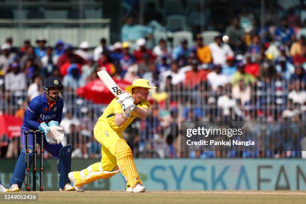 David Warner of Australia plays a shot during game three of the One Day International series between India and Australia at MA Chidambaram Stadium,...