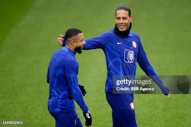 Memphis Depay of the Netherlands and Virgil van Dijk of the Netherlands during a Training Session of the Netherlands Mens Football Team at the KNVB...