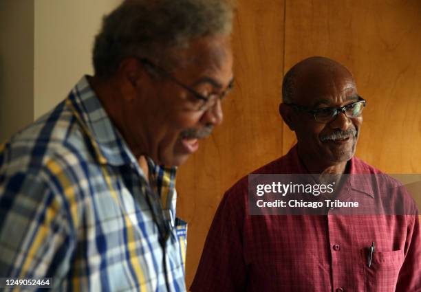 Wheeler Parker Jr., left, and Simeon Wright, surviving relatives of Emmett Till, talk Aug. 27 about his death.