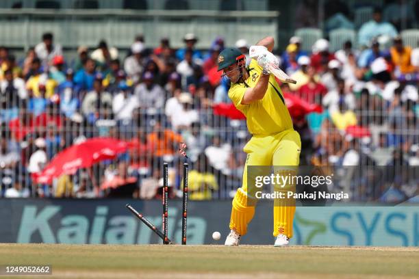 Mitchell Marsh of Australia blowed out by Hardik Pandya of India during game three of the One Day International series between India and Australia at...