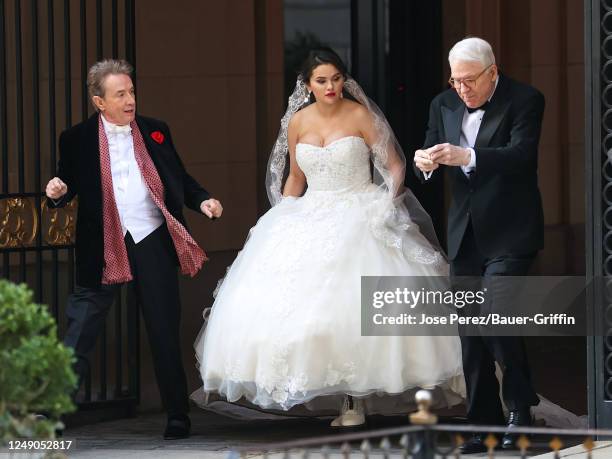 Martin Short, Selena Gomez and Steve Martin are seen at the film set of the 'Only Murders in the Building' TV Series on March 21, 2023 in New York...