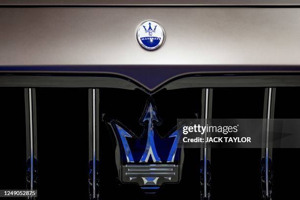 The Maserati logo is displayed on a Grecale at the 44th Bangkok International Motor Show in Bangkok on March 22, 2023.