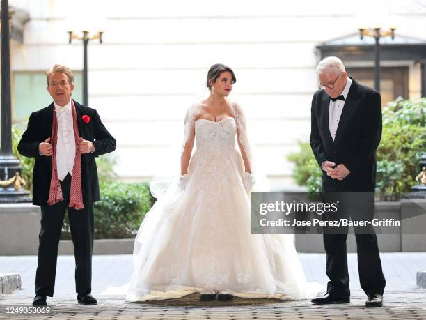 Martin Short, Selena Gomez and Steve Martin are seen at the film set of the 'Only Murders in the Building' TV Series on March 21, 2023 in New York...