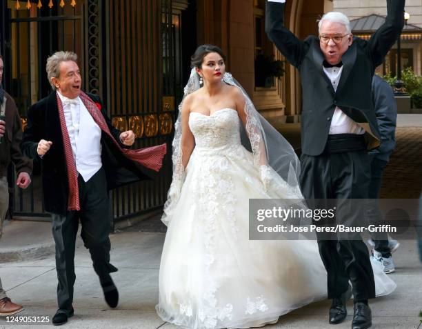 Martin Short, Selena Gomez and Steve Martin are seen at the film set of the 'Only Murders in the Building' TV Series on March 21, 2023 in New York...