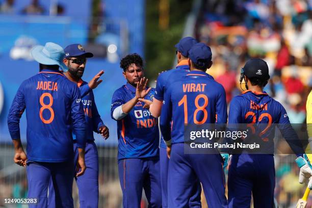 Kuldeep Yadav of India celebrates the wicket of Marnus Labuschagne of Australia during game three of the One Day International series between India...