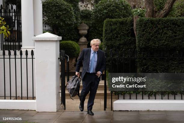 Britain's former prime minister Boris Johnson leaves his home on March 22, 2023 in London, England. Mr Johnson will attend a televised evidence...