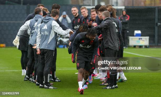 Belgium's Romeo Lavia, Belgium's Johan Bakayoko and Belgium's Sebastiaan Bornauw pictured at the start of a training session of Belgian national...