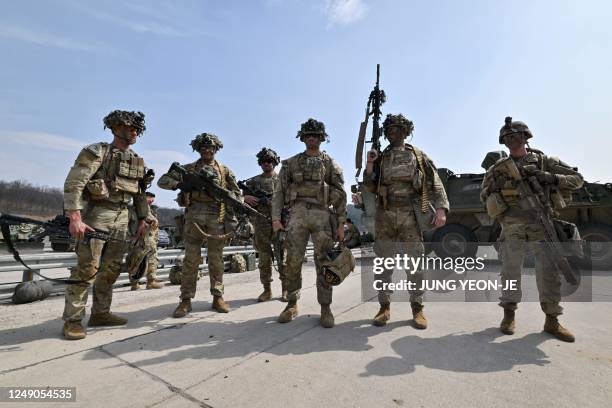 Soldiers from the 2nd Infantry Division Stryker Battalion prepare for a Warrior Shield live fire exercise at a military training field in Pocheon on...