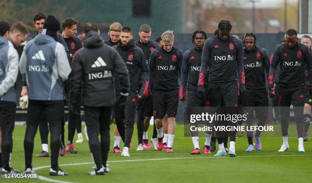 Belgium's players pictured during a training session of Belgian national soccer team Red Devils, Wednesday 22 March 2023, at the Royal Belgian...