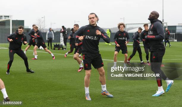 Belgium's Arthur Theate and Belgium's Romelu Lukaku pictured in action during a training session of Belgian national soccer team Red Devils,...