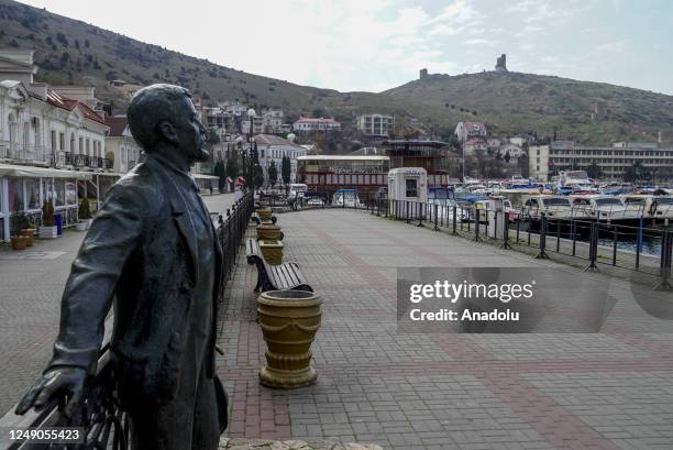 View of statue at the city of Balaklava's yacht marina in Sevastopol, Crimea on March 20, 2023. The Genoese fortress, which has history dates back to...