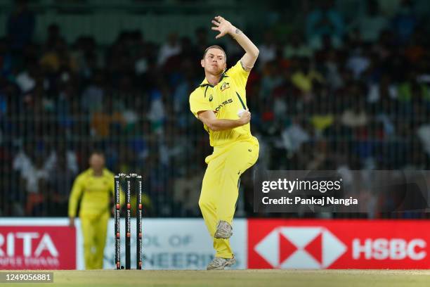 Adam Zampa of Australia bowls during game three of the One Day International series between India and Australia at MA Chidambaram Stadium, on March...