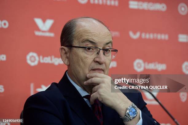 Sevilla football club's president Jose Castro looks on upon Sevilla FC new coach official presentation at the Ramon Sanchez Pizjuam stadium in...