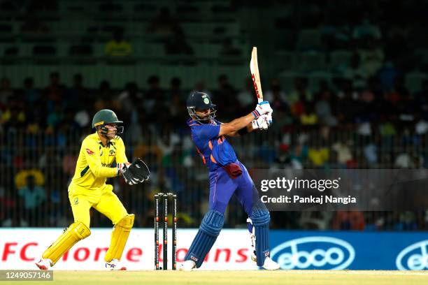 Virat Kohli of India plays a shot during game three of the One Day International series between India and Australia at MA Chidambaram Stadium, on...