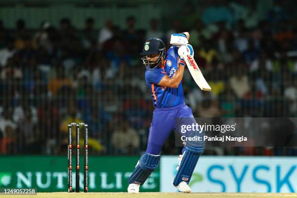 Virat Kohli of India plays a shot during game three of the One Day International series between India and Australia at MA Chidambaram Stadium, on...
