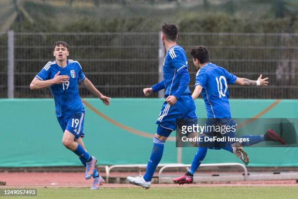 Niccolo Pisilli of Italy celebrates his goal with team mates during the UEFA European Under-19 Championship Malta 2023 qualifying match between...