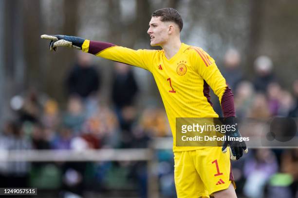 Goalkeeper Frank Feller of Germany gestures during the UEFA European Under-19 Championship Malta 2023 qualifying match between Germany and Italy at...