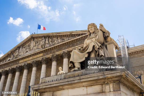 General view of the statue of Colbert, next to the French National Assembly "Assemblee Nationale", on June 11, 2020 in Paris, France.