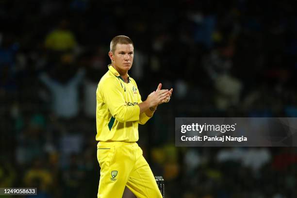 Adam Zampa of Australia celebrates the wicket of KL Rahul of India during game three of the One Day International series between India and Australia...