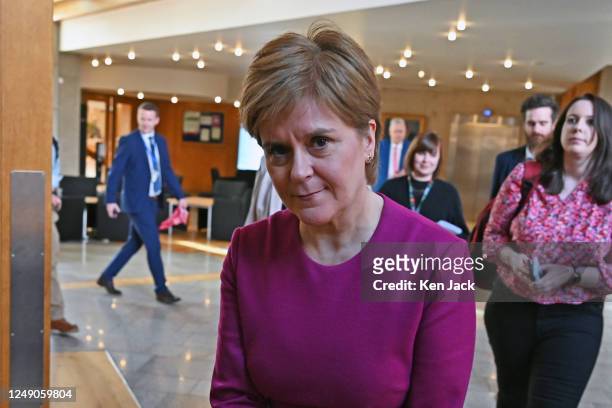 First Minister Nicola Sturgeon on the way to the debating chamber to make a statement in the Scottish Parliament on historical adoption practices, in...