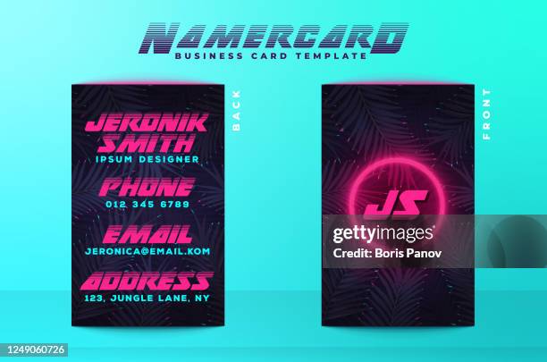 bildbanksillustrationer, clip art samt tecknat material och ikoner med futuristisk dirty pink neon visitkort eller namnkort mall på sythwave cyberpunk style jungle bakgrund - neon designer label