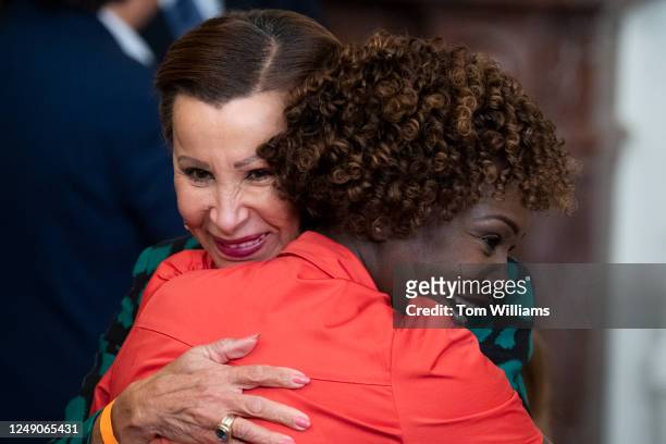 Rep. Nydia M. Velazquez, D-N.Y., left, and Karine Jean-Pierre, White House press secretary, greet during the awards ceremony for the National...