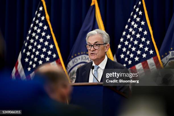 Jerome Powell, chairman of the US Federal Reserve, speaks during a news conference following a Federal Open Market Committee meeting in Washington,...